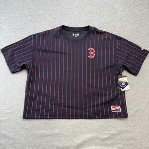 Boston Red Sox Shirt Womens Large Pinstripe Boxy Relaxed Tee T-Shirt MLB New Era